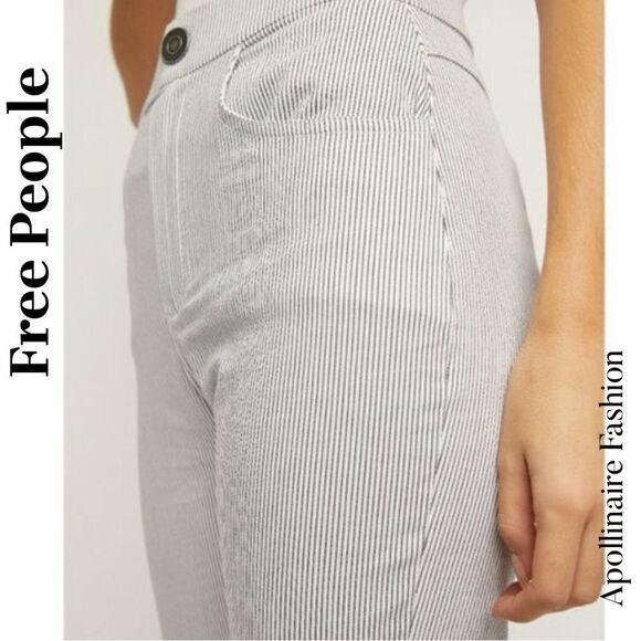 Free People Florence cropped Railroad pants Navy white striped Size Medium NWT - Picture 3 of 6